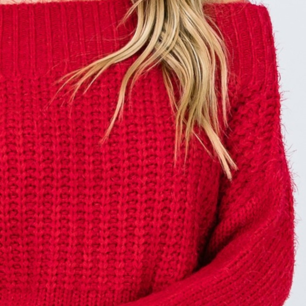 EVELYN Fuzzy Off Shoulder Sweater -RED - Picture 3 of 4